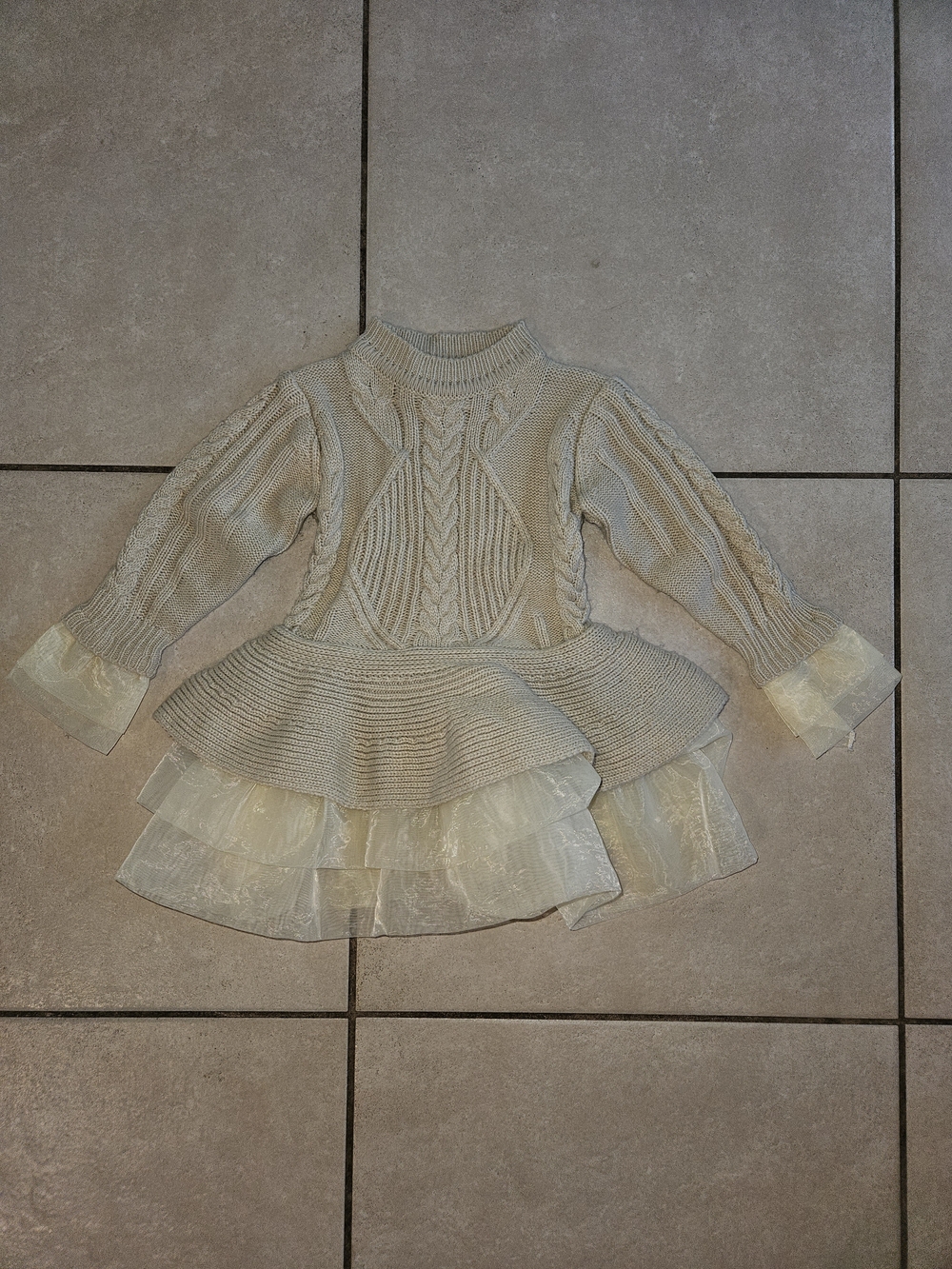 Girls' Cream Cable Knit Peplum Sweater with Tulle Hem